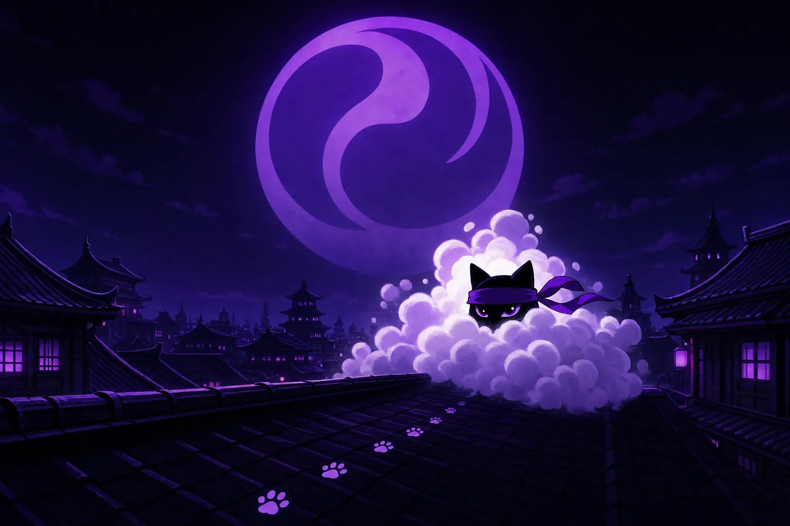 The ninja cat in a white puff on the roofs under a purple moon.