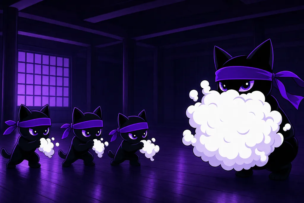 The ninja cat teaches three small kittens to make puffs of smoke.
