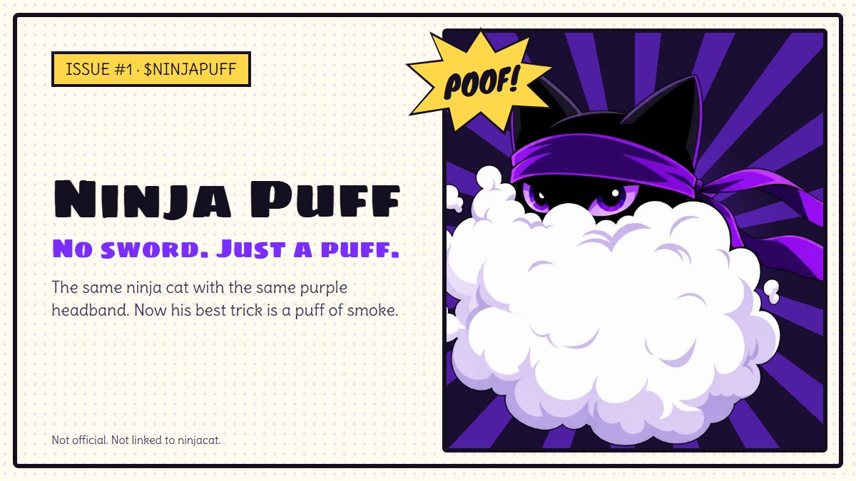 The Ninja Puff card: the cat in a white puff and a POOF! burst.
