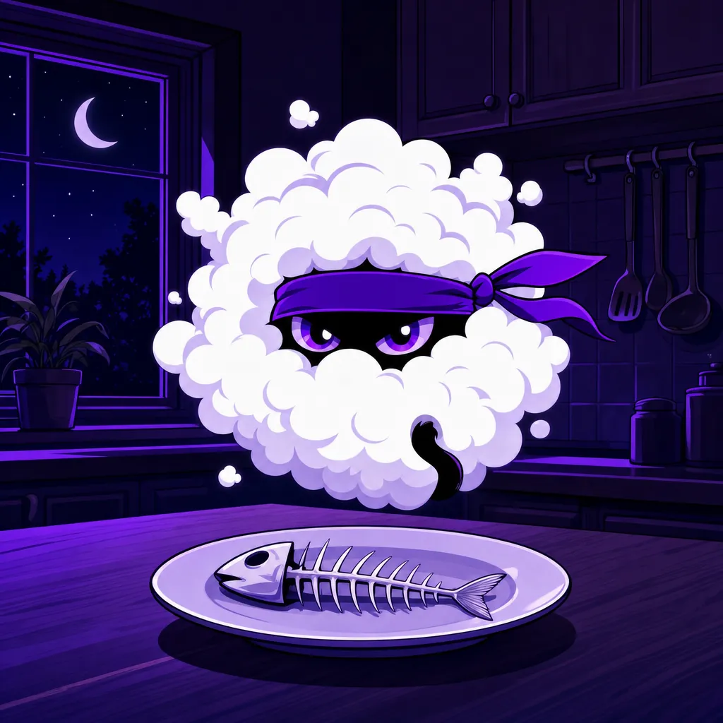 An empty plate with a fish bone, and a big puff of smoke with two cat eyes in it.