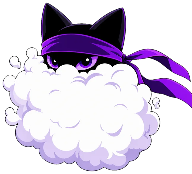 The ninja cat peeks out of his puff.