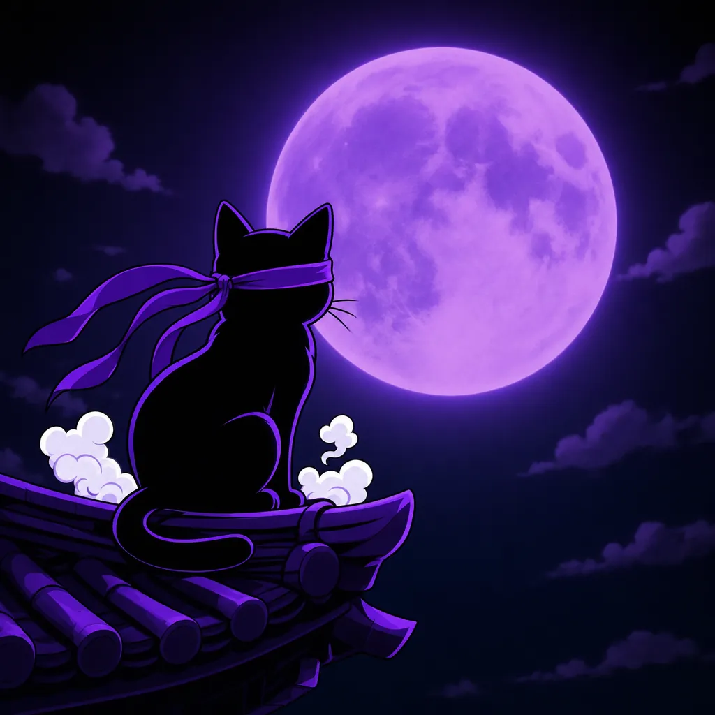 The ninja cat sits on a roof and looks at a big purple moon.