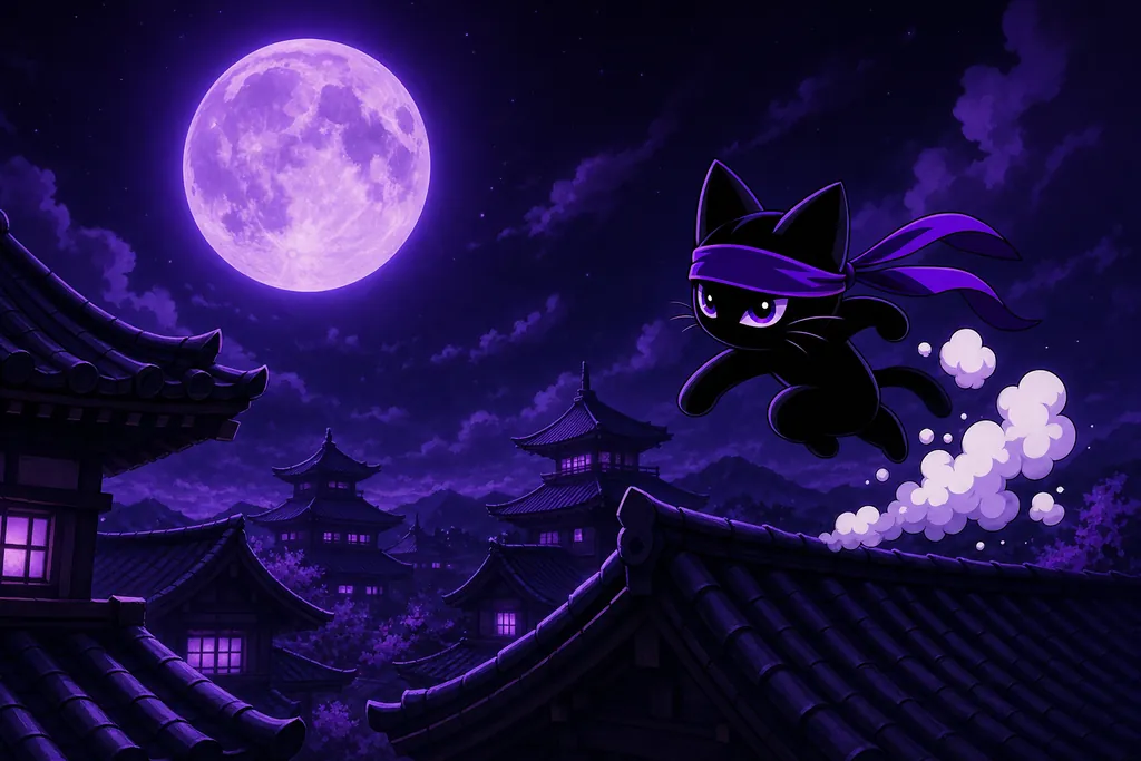 The ninja cat jumps over the roofs and leaves little puffs of smoke.