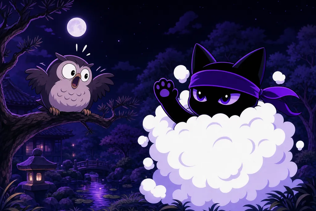 The ninja cat pops out of a puff next to a surprised owl.