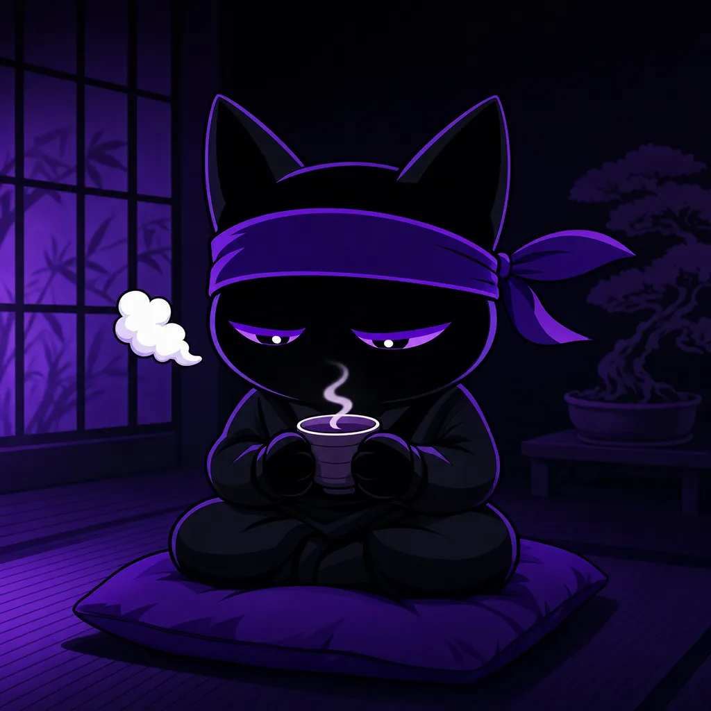 The ninja cat sits on a cushion with a cup of tea. A small puff floats by.